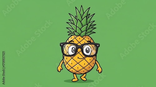 Animated pineapple character with glasses and a big smile, ready for fun and learning in a vibrant setting
