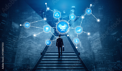 Fotografie A businessman ascends stairs toward a futuristic city illuminated by technology icons, symbolizing growth, innovation, and the journey of progress in a digital world
