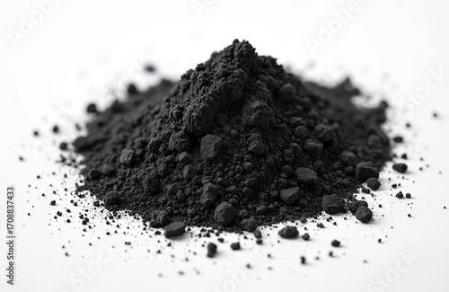 Pile of shungite powder isolated on white background. Black mineral stone, form of carbon, rough texture, known for natural cleansing, healing properties. Often used in water purification, as
