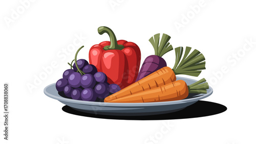 A vibrant arrangement of fresh fruits and vegetables artfully displayed on a plate.