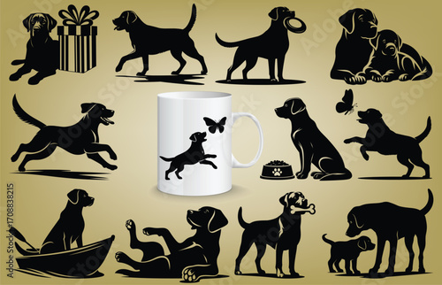 Collection of dog silhouettes in playful and sitting poses with gift, boat, and mug mockup. Perfect for mugs, t-shirts, logos, posters, stickers, and pet-themed vector artwork.