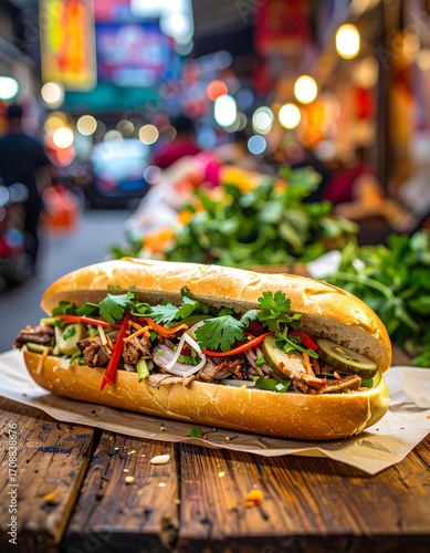 Freshly made Banh Mi on rustic wood