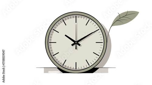 A minimalist image of a clock with a leaf, representing the concept of time and nature.