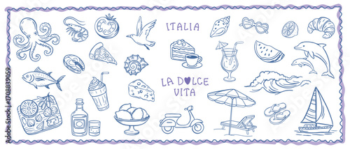 Summer vacation on the Amalfi coast with lemon, oysters, scooter, car, lemon, dishes, seafood. Coastal lifestyle reflecting the spirit of travel in Italy. Vector illustration hand drawn pencil sketch