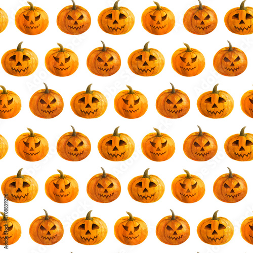 Orange pumpkin for halloween, watercolor seamless pattern jack o lantern. Hand drawn holiday illustration.