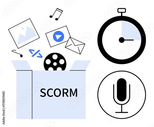 Open box labeled SCORM with multimedia icons spilling out, including audio, video, code, and email, alongside a timer and microphone icon. Ideal for e-learning, integration, interoperability time