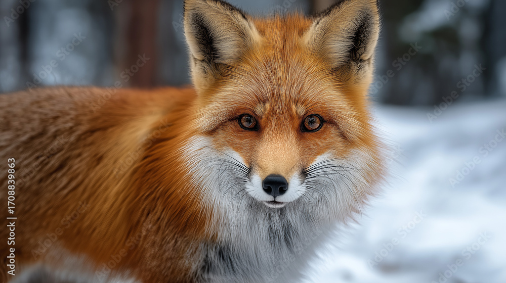 Fototapeta premium Close-up of red fox in snowy forest, fur glowing in soft light, piercing eyes in focus
