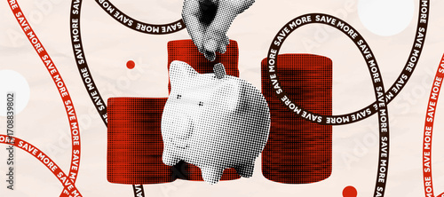Piggy bank retro halftone collage, save more concept, vintage torn paper cutout with typography ribbons and abstract finance art