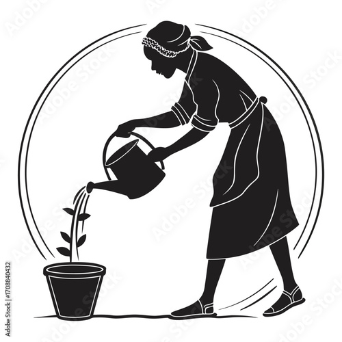 Woman pouring water into clay pot