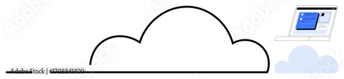 Large cloud outline connected to a laptop with a blue screen. Ideal for cloud storage, data, connectivity, technology, networking, simplicity, innovation concepts. Minimal flat metaphor