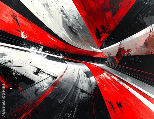 Abstract expressionist red, white, and black painted dimensional tunnel art