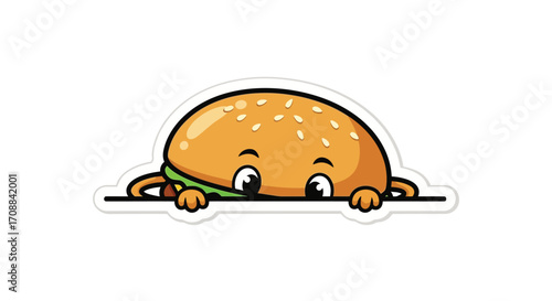 Cute cartoon hamburger peeking over a ledge with a playful expression, sticker design