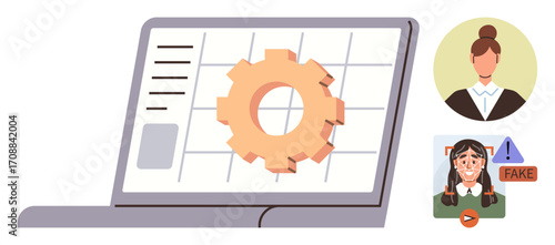 Gear over laptop grid, profile photos with fake label and alert. Ideal for AI, machine learning, cybersecurity, deepfake detection, fraud prevention, content authenticity technology. Simple flat