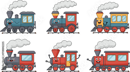 Cute cartoon train locomotives with smiling faces, fun steam engine illustration, colorful transportation design for kids, travel, education and adventure theme