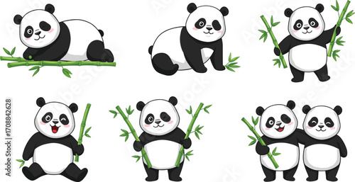 Cute panda cartoon illustration set, adorable panda with bamboo, funny panda mascot design, happy panda character, wildlife animal vector art