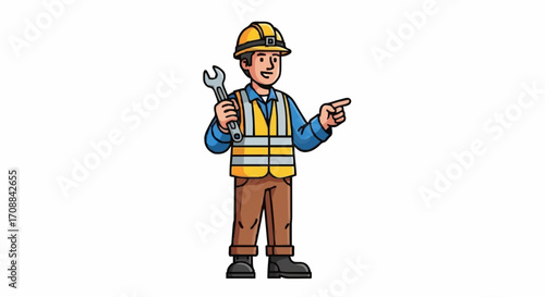flat vector illustrations An illustrated construction worker holding a wrench and pointing towards the side, suggesting direction or progress.