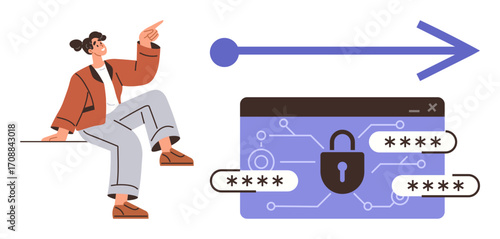 Woman gestures to a secured browser interface displaying encryption and passwords, with an arrow symbolizing digital progress. Ideal for cyber security, data privacy, safety, technology, innovation