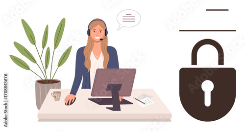 Customer service agent wearing headset at desk with computer and plant, speech bubble above, and large lock symbol. Ideal for cybersecurity, customer care, business communication, privacy, data