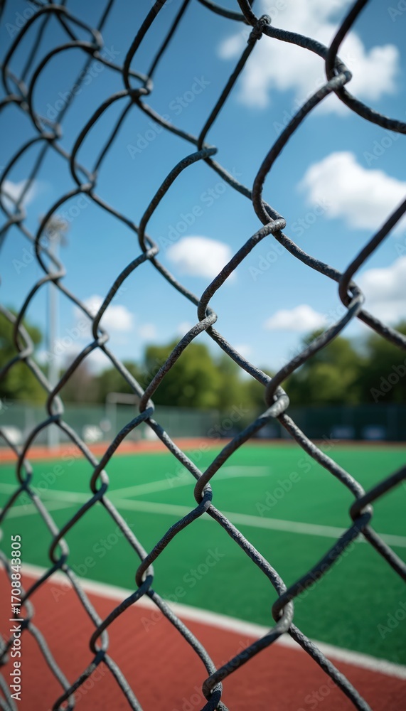 Fototapeta premium Chain-link fence with diamond pattern encloses green sports field and red track. Blue sky with clouds overhead. Boundary structure provides security and functionality for athletic games and practice.