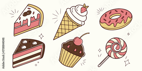 Collection of delicious sweet treats including cake slices ice cream cone donut cupcake and lollipop isolated on white background silhouette