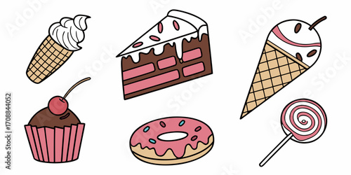 Collection of sweet desserts including ice cream cones cake donut cupcake and lollipop isolated on white background silhouette