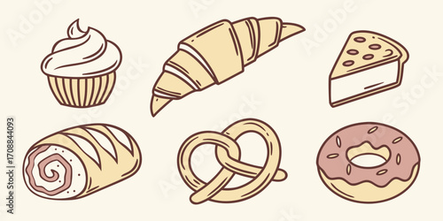 Collection of six delicious baked goods including a cupcake croissant slice of cake bread roll pretzel and donut silhouette isolated on white background