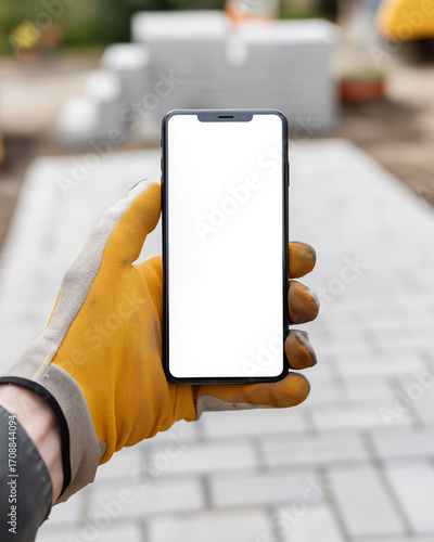 Builder Showing Smartphone with Blank Screen at Construction Site – App Mockup