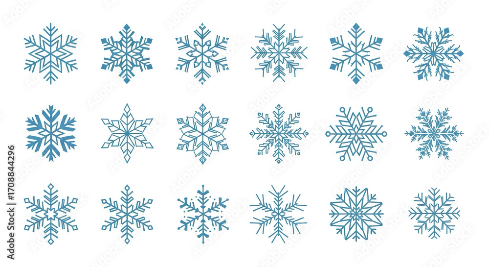 Flat vector snowflake icons in different shapes, isolated on white background