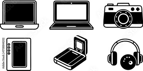 Collection of six electronic device silhouettes including laptops cameras and headphones isolated on white background