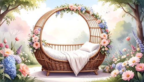 Wicker Cradle in a Floral Garden: Pastel Dreamy Baby Crib