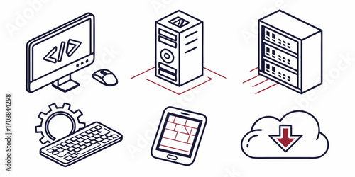 Collection of isometric computer technology icons including a desktop computer server racks keyboard tablet and cloud download silhouette isolated on white background