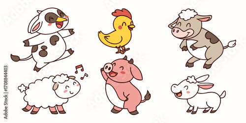 Collection of happy cartoon farm animals dancing and singing isolated on white background silhouette