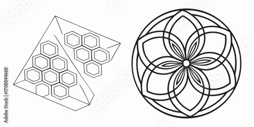 Geometric honeycomb structure and sacred geometry flower of life silhouette isolated on white background