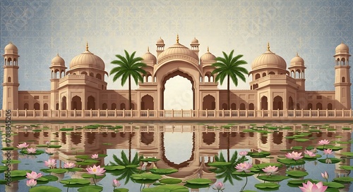 A grand indian palace reflected in a tranquil pond with lotus flowers and palm trees