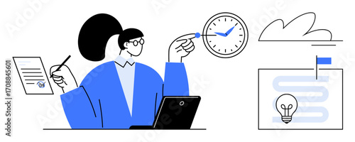 Person managing tasks with laptop, clock, document, and timeline for creative solutions. Ideal for time management, productivity, workflow, planning, creativity strategy simple flat metaphor