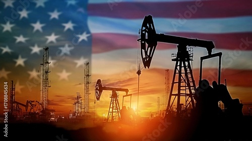 Oil rigs stand tall against a sunset backdrop with American flag, symbolizing energy industry and patriotism in the US