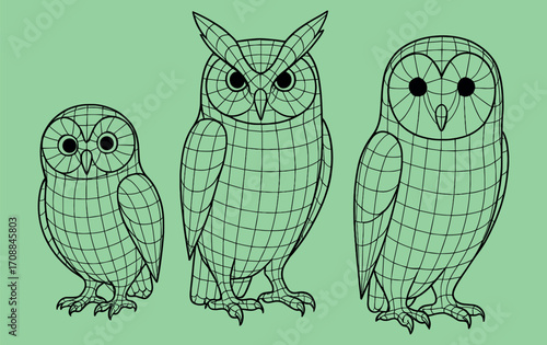 Minimal Polygon Wireframe Illustration of Three Owls – Black Mesh Line Birds on Green Background
