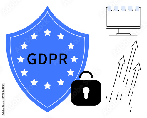 Blue shield labeled GDPR, black padlock, monitor with striped awning, and upward arrows representing online privacy, regulations, cybersecurity, trust, growth, data protection simple flat metaphor