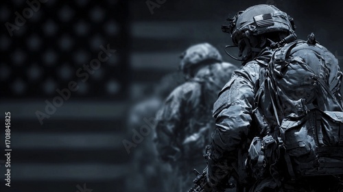 Soldiers march in formation against a backdrop of the American flag, showcasing discipline and unity in a solemn military display