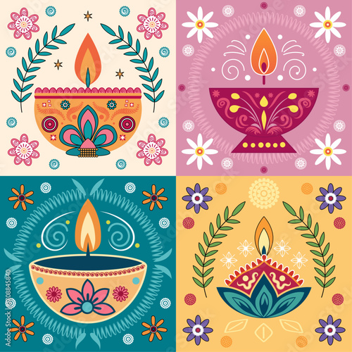 Colorful Diwali Diya Art Illustration – Decorative Oil Lamps with Floral and Festive Elements for Diwali greeting cards, festive invitations, posters, banners, social media etc