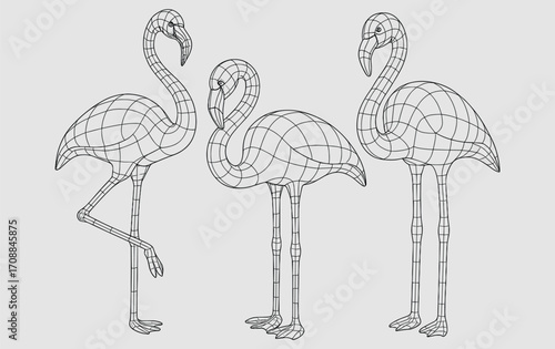 3D Polygonal Wireframe Vector Illustration of Three Flamingos Standing Together – Black Line Mesh Birds on Light Background