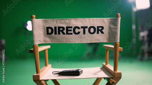 Director Chair with Walkie-Talkie on White Seat Against Green Screen