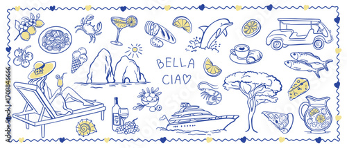 Hand-drawn Italy vacation vector set with coastal symbols: lemons, pasta, pizza, wine, yacht, seafood, sun, beach woman, Capri rocks, and "Bella Ciao" text. Mediterranean summer vibes