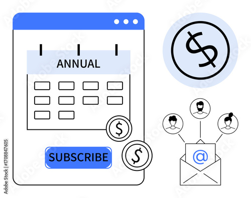 Calendar with annual timeline, subscribe button, dollar signs, email envelope, and connected user icons. Ideal for finance, marketing, e-commerce, subscriptions online services email campaigns