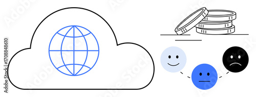 Cloud with globe representing global connectivity, coins symbolizing financial aspects, and emoticons illustrating emotions. Ideal for technology, finance, communication, business, psychology, cloud