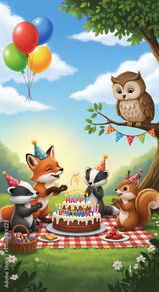 Fototapeta premium Cartoon animals are celebrating a birthday with cake, balloons, and decorations on a checkered picnic blanket outdoors.