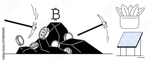 Pickaxes extracting bitcoins from rocks, solar panel generating energy, and a plant symbolizing sustainability. Ideal for cryptocurrency, blockchain, eco-friendly tech, energy, mining, digital