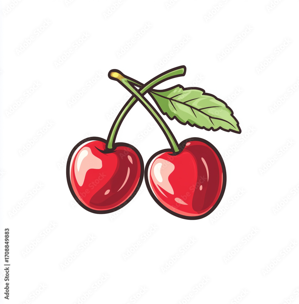 Obraz premium An illustration of a pair of bright red cherries with green leaves, attached to a stem. The image is clean and has a glossy, digital feel.