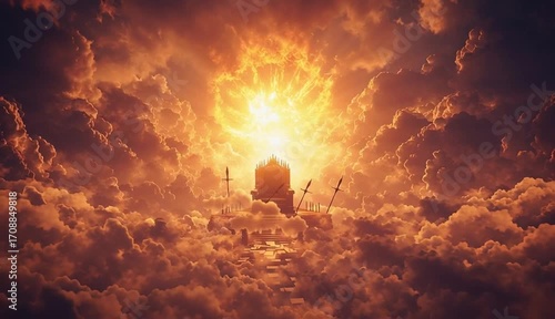 A heavenly throne glowing above the clouds, light bursting through the skies, a lamb’s shadow at the foot of the throne, scrolls and swords