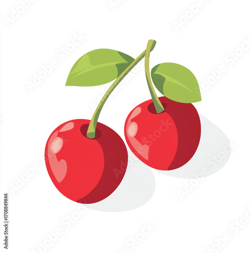 Wallpaper Mural An illustration of a pair of bright red cherries with green leaves, attached to a stem. The image is clean and has a glossy, digital feel. Torontodigital.ca